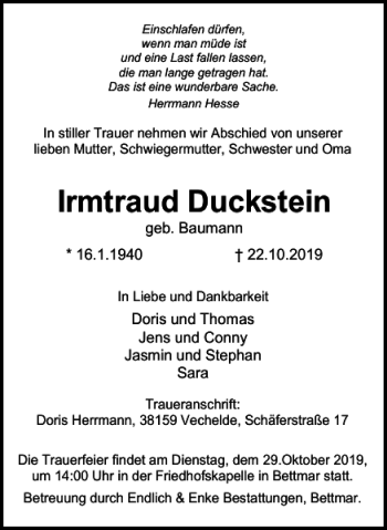 Traueranzeige von Irmtraud Duckstein von Peiner Nachrichten