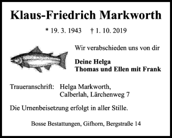 Traueranzeige von Klaus-Friedrich Markworth von Wolfsburger Nachrichten