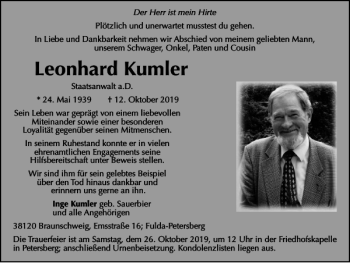 Traueranzeige von Leonhard Kumler von Braunschweiger Zeitung