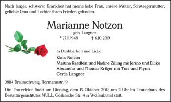 Traueranzeige von Marianne Notzon von Braunschweiger Zeitung