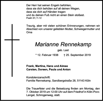 Traueranzeige von Marianne Rennekamp von Wolfenbütteler Zeitung