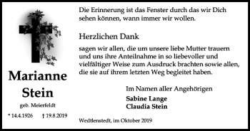 Traueranzeige von Marianne Stein von Peiner Nachrichten