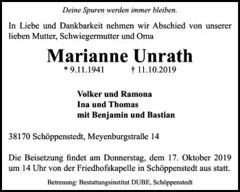 Traueranzeige von Marianne Unrath von Wolfenbütteler Zeitung