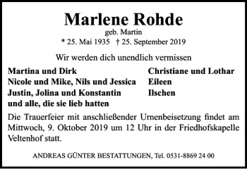 Traueranzeige von Marlene Rohde von Braunschweiger Zeitung