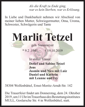 Traueranzeige von Marlit Tetzel von Wolfenbütteler Zeitung