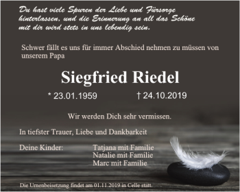 Traueranzeige von Siegfried Riedel von Wolfsburger Nachrichten