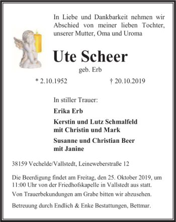 Traueranzeige von Ute Scheer von Peiner Nachrichten