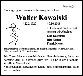 Traueranzeige von Walter Kowalski von Braunschweiger Zeitung
