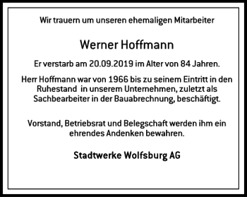 Traueranzeige von Werner Hoffmann von Wolfsburger Nachrichten