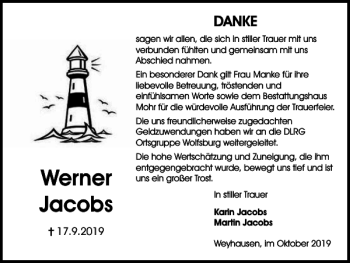 Traueranzeige von Werner Jacobs von Wolfsburger Nachrichten