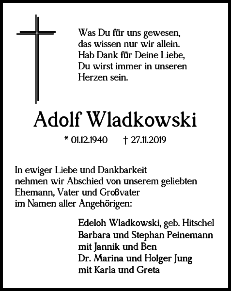  Traueranzeige für Adolf Wladkowski vom 30.11.2019 aus Salzgitter Zeitung