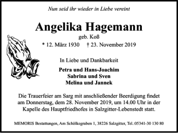Traueranzeige von Angelika Hagemann von Salzgitter Zeitung