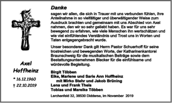 Traueranzeige von Axel Hoffheinz von Braunschweiger Zeitung