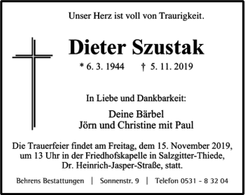Traueranzeige von Dieter Szustak von Braunschweiger Zeitung
