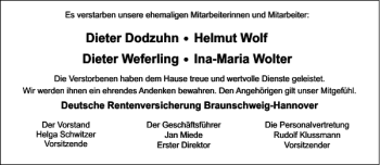 Traueranzeige von Dieter Dodzuhn Dieter Weferling Helmut Wolf Ina-Maria Wolter  von Braunschweiger Zeitung
