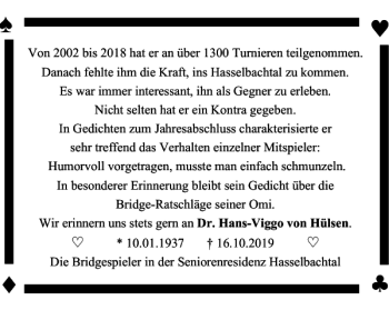 Traueranzeige von Dr. Hans-Viggo von Hülsen von Wolfsburger Nachrichten