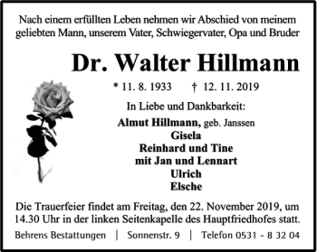 Traueranzeige von Dr. Walter Hillmann von Braunschweiger Zeitung