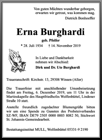 Traueranzeige von Erna Burghardi von Braunschweiger Zeitung