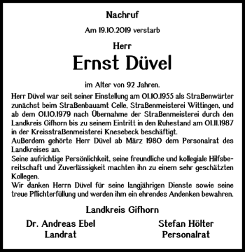 Traueranzeige von Ernst Düvel von Wolfsburger Nachrichten