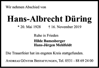 Traueranzeige von Hans-Albrecht Düring von Braunschweiger Zeitung