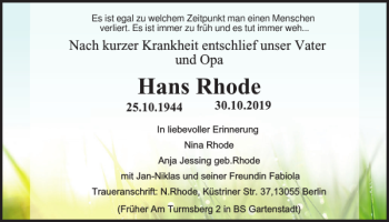 Traueranzeige von Hans Rhode von Braunschweiger Zeitung
