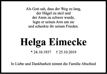 Traueranzeige von Helga Eimecke von Wolfenbütteler Zeitung