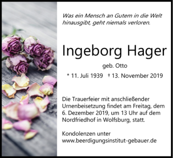 Traueranzeige von Ingeborg Hager von Wolfsburger Nachrichten