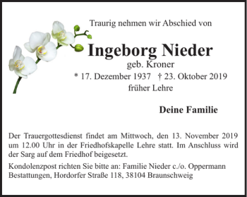 Traueranzeige von Ingeborg Nieder von Braunschweiger Zeitung