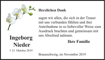 Traueranzeige von Ingeborg Nieder von Braunschweiger Zeitung