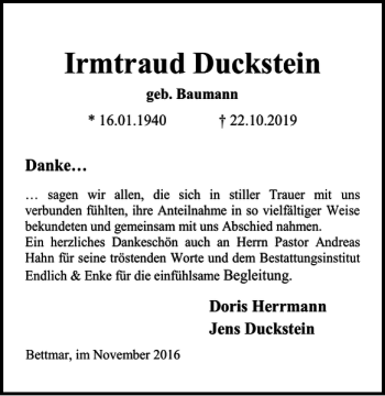 Traueranzeige von Irmtraud Duckstein von Peiner Nachrichten