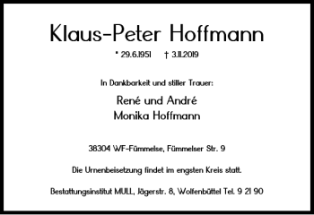 Traueranzeige von Klaus-Peter Hoffmann von Wolfenbütteler Zeitung