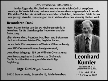 Traueranzeige von Leonhard Kumler von Braunschweiger Zeitung