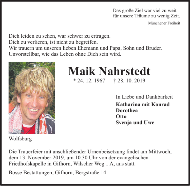  Traueranzeige für Maik Nahrstedt vom 05.11.2019 aus Wolfsburger Nachrichten