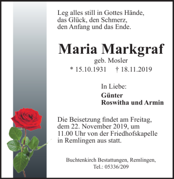 Traueranzeige von Maria Markgraf von Wolfenbütteler Zeitung