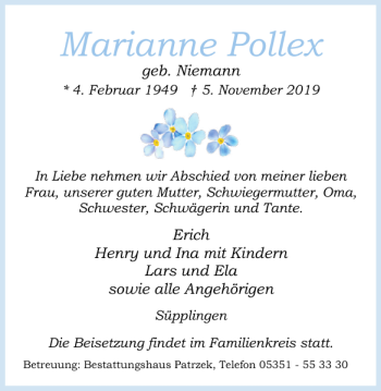 Traueranzeige von Marianne Pollex von Helmstedter Nachrichten