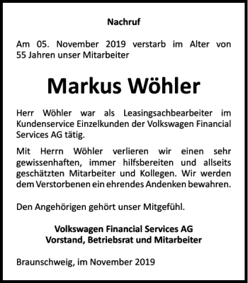 Traueranzeige von Markus Wöhler von Braunschweiger Zeitung