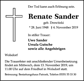 Traueranzeige von Renate Sander von Helmstedter Nachrichten