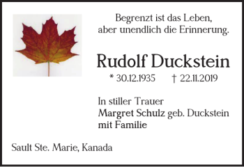 Traueranzeige von Rudolf Duckstein von Wolfsburger Nachrichten