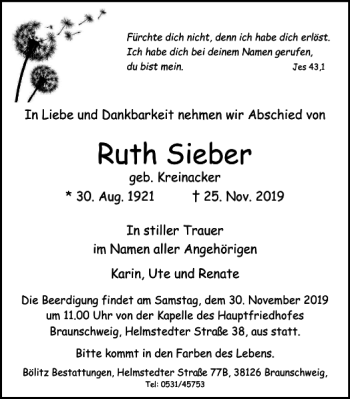 Traueranzeige von Ruth Sieber von Braunschweiger Zeitung