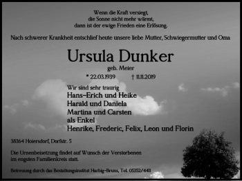 Traueranzeige von Ursula Dunker von Helmstedter Nachrichten
