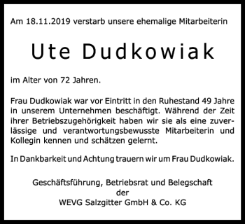 Traueranzeige von Ute Dudkowiak von Salzgitter Zeitung