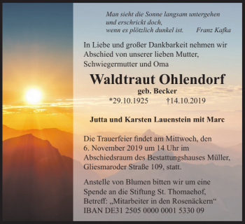 Traueranzeige von Waldtraut Ohlendorf von Braunschweiger Zeitung