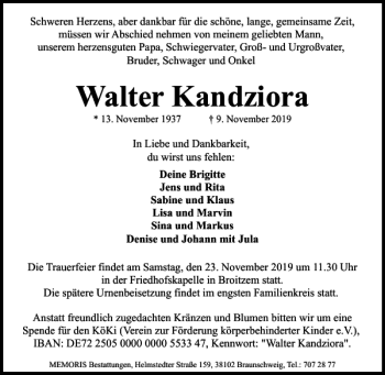 Traueranzeige von Walter Kandziora von Braunschweiger Zeitung
