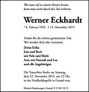 Traueranzeige von Werner Eckhardt von Wolfsburger Nachrichten