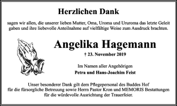 Traueranzeige von Angelika Hagemann von Salzgitter Zeitung