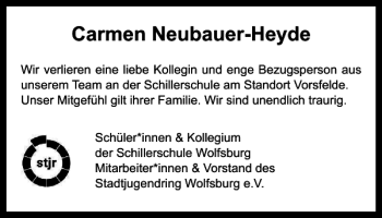 Traueranzeige von Carmen Neubauer-Heyde von Helmstedter Nachrichten