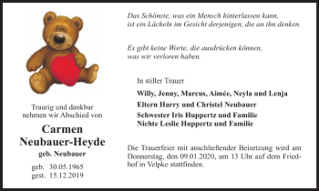 Traueranzeige von Carmen Neubauer-Heyde von Helmstedter Nachrichten