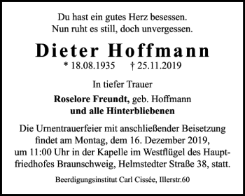 Traueranzeige von Dieter Hoffmann von Braunschweiger Zeitung
