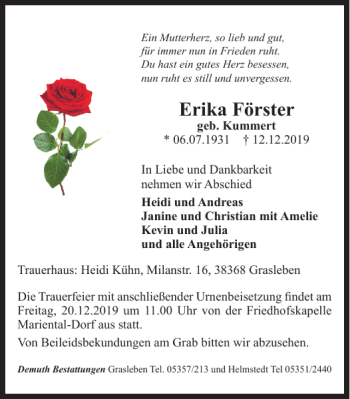 Traueranzeige von Erika Förster von Helmstedter Nachrichten