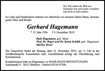 Traueranzeige von Gerhard Hagemann von Wolfenbütteler Zeitung